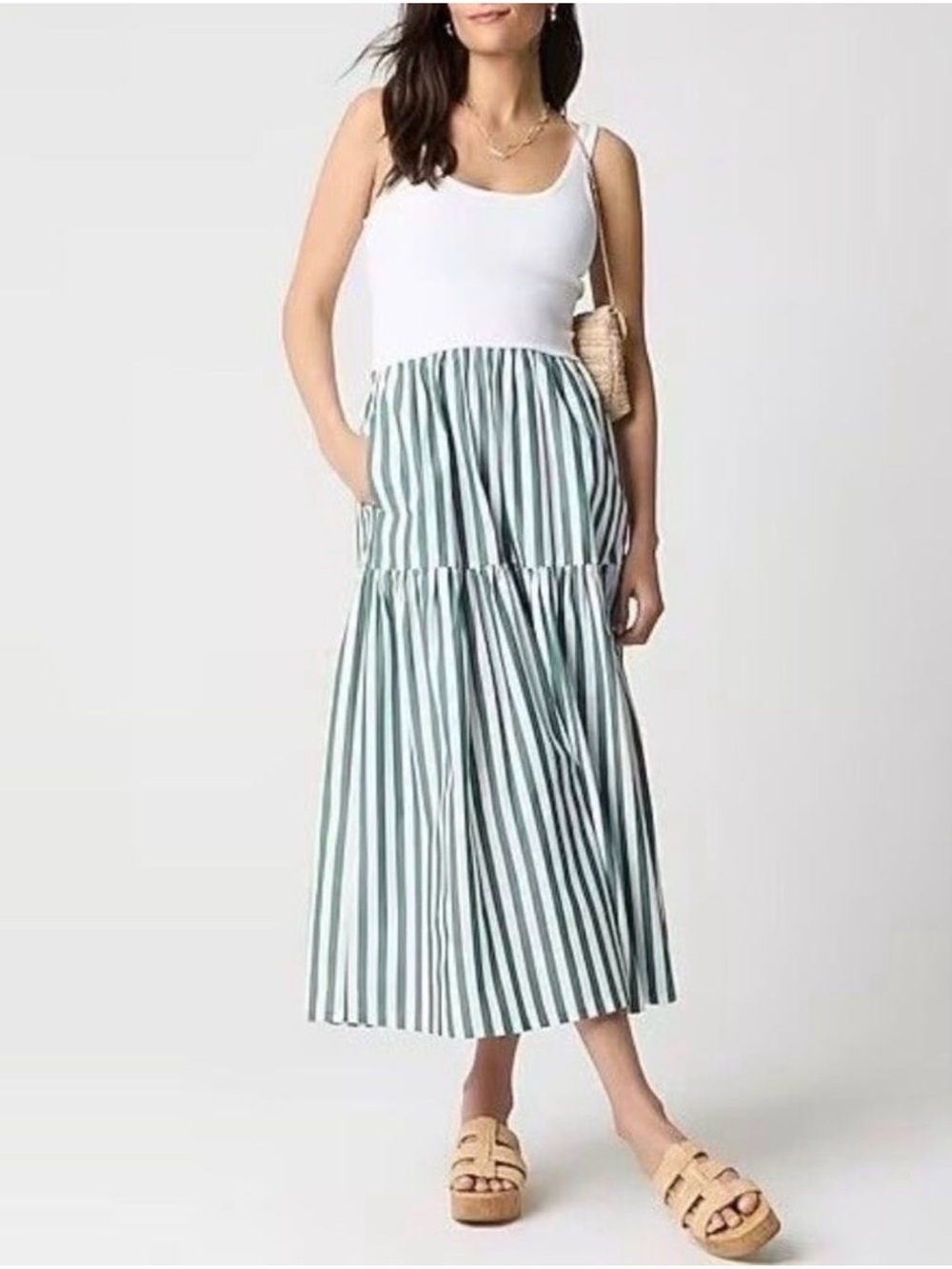 J.Crew Factory Striped Tiered Midi Dress Green White XL - Picture 6 of 16